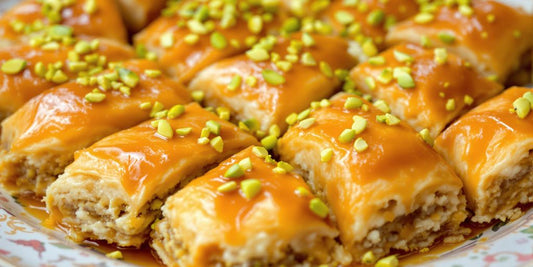 Close-up of delicious, golden baklava pieces on a plate.