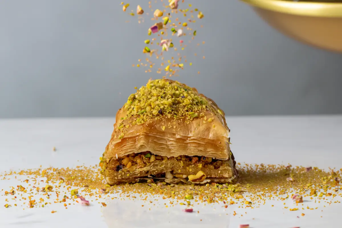 baklava middle eastern desserts with sprinkled pistachio