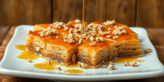 Close-up of delicious baklava topped with nuts and honey.