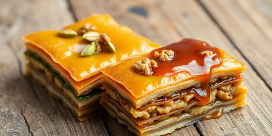 Greek and Turkish baklava on a wooden table.