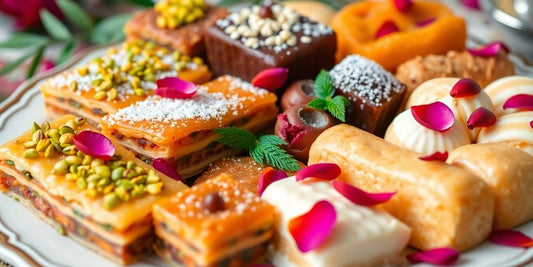 Middle Eastern desserts on a colorful platter.