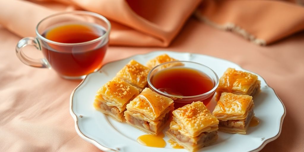 Plate of baklava and a cup of tea.