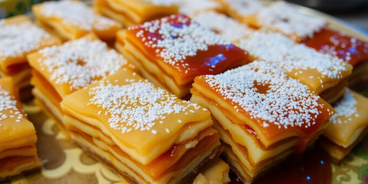 Various baklava pieces on a decorative plate.