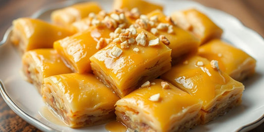 Plate of golden sugar-free baklava with nuts.