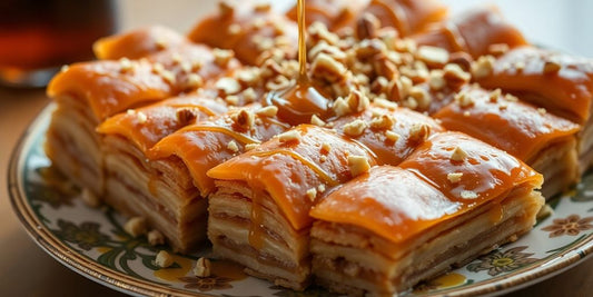 Close-up of delicious baklava on a decorative plate.