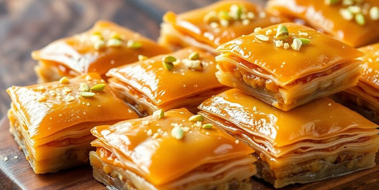 Close-up of delicious baklava with pistachio garnish.