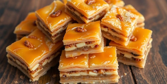 Assorted baklava pieces on a wooden surface.