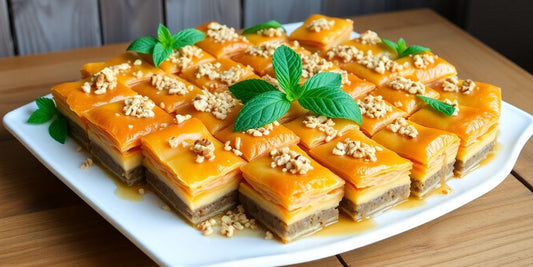 Platter of assorted baklava garnished with nuts and mint.