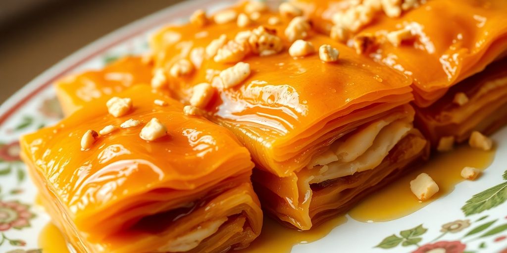 Close-up of golden baklava on a decorative plate.